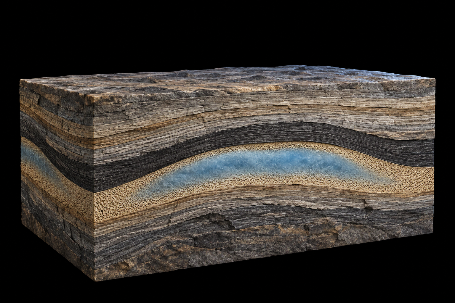 Conceptual porous reservoir beneath caprock. Blue tint is illustrative, not measured hydrogen data.